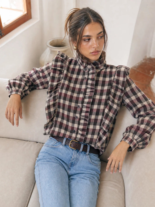Blusa de Cuadros con Volantes y Cuello Subido Burdeos