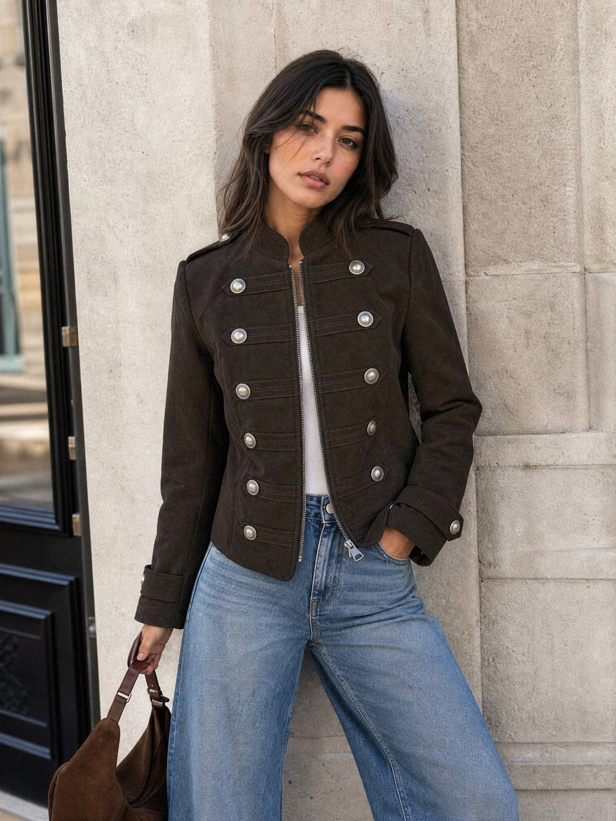 Chaqueta Entallada Efecto Ante con Botones Metálicos