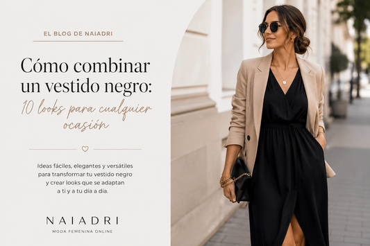 Mujer con vestido negro y blazer beige, look elegante para combinar un vestido negro