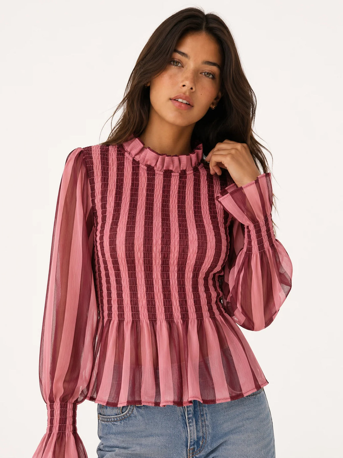 Blusa rayas manga larga, detalle de tejido semitransparente