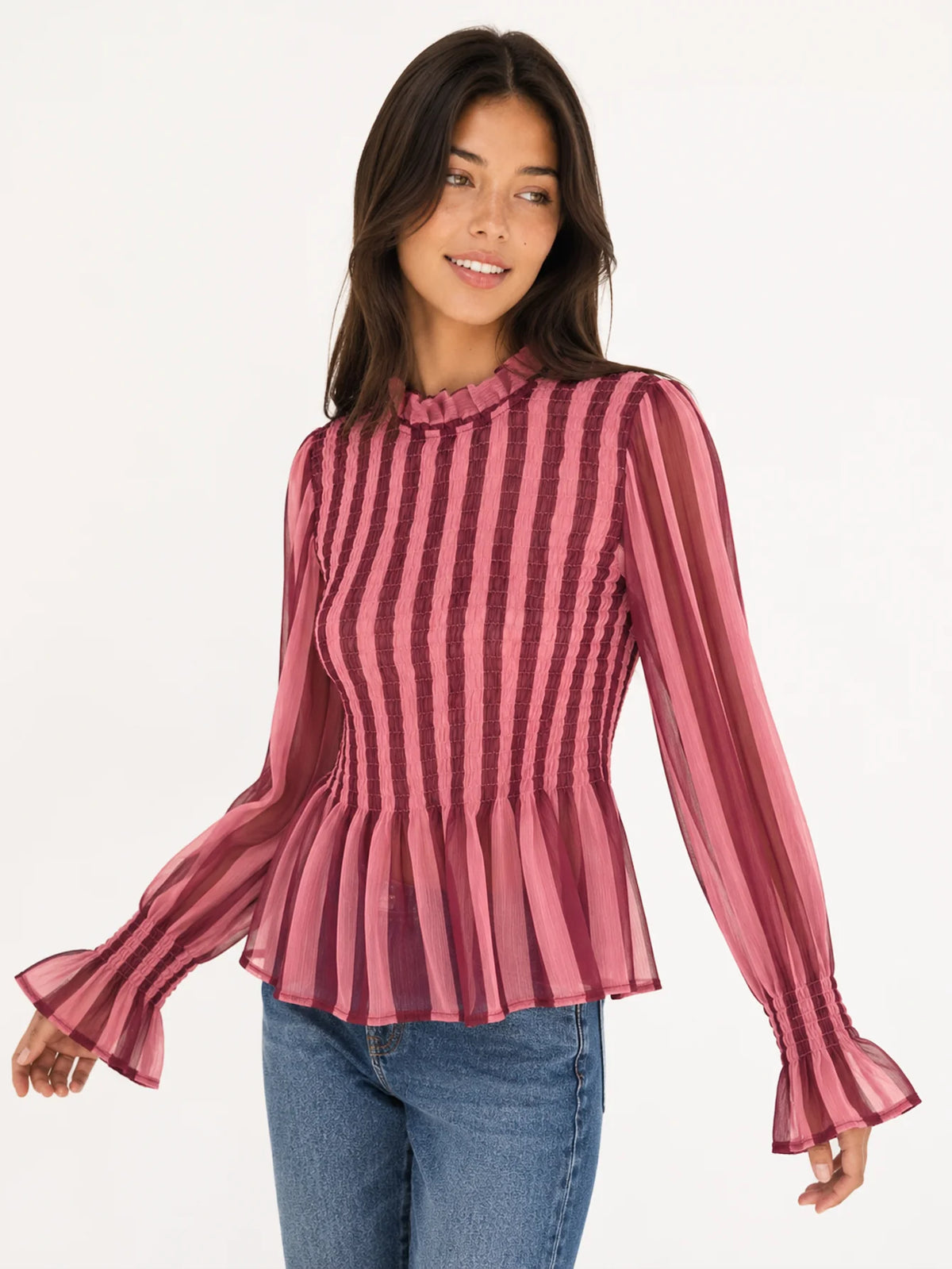 Blusa rayas con cuerpo nido de abeja, vista frontal