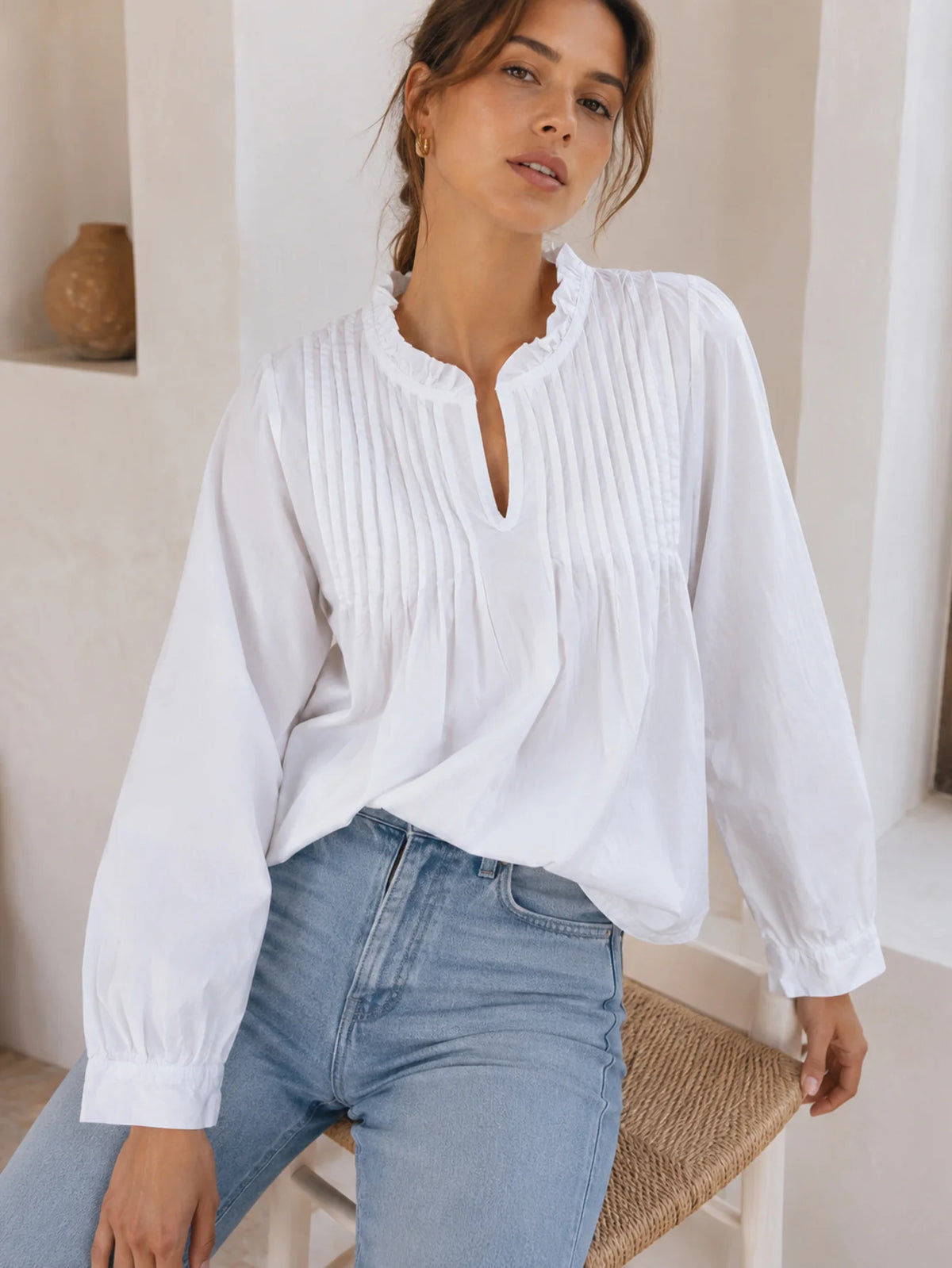Blusa Romántica de Algodón con Pliegues