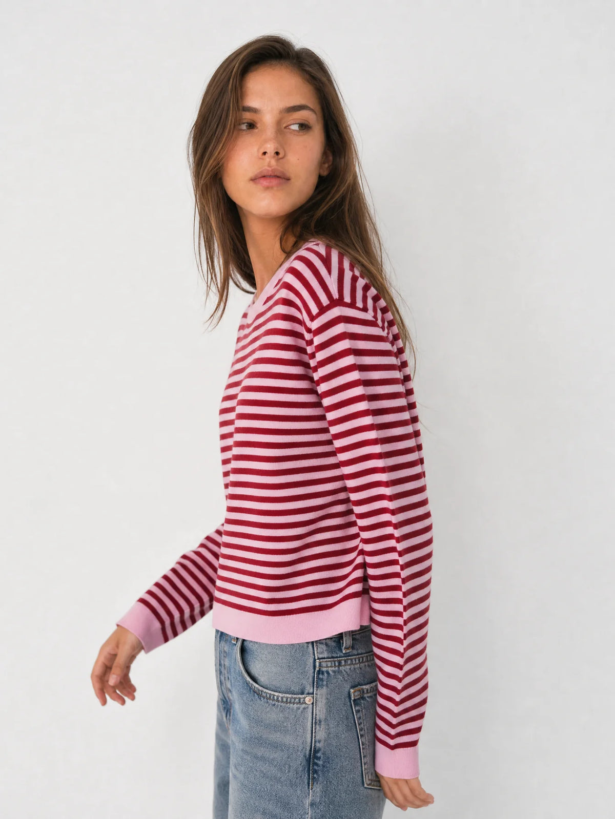 Jersey de punto a rayas mujer, detalle de cuello redondo