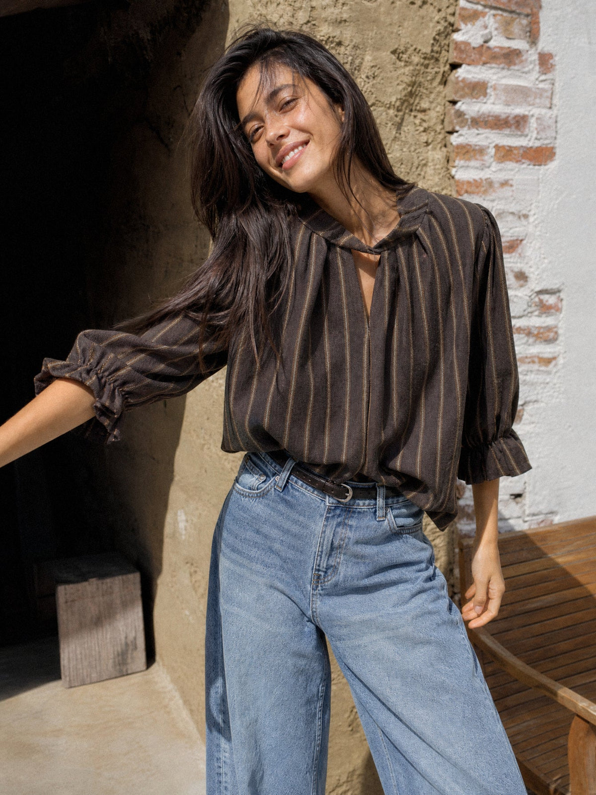 Blusa Rayas de Algodón con Manga Volante