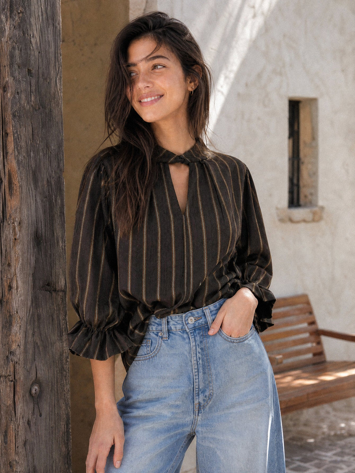 Blusa Rayas de Algodón con Manga Volante